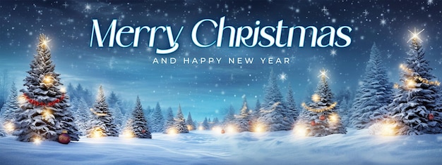 PSD merry christmas and happy new year banner template with xmas tree with snow decorated