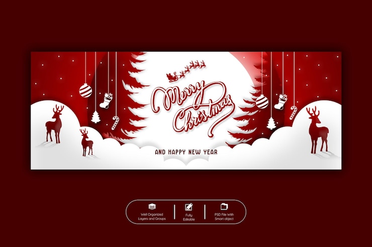 PSD merry christmas and happy new year facebook cover banner template