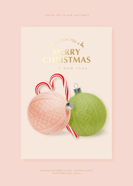 PSD merry christmas and happy new year greeting card template with 3d ornaments