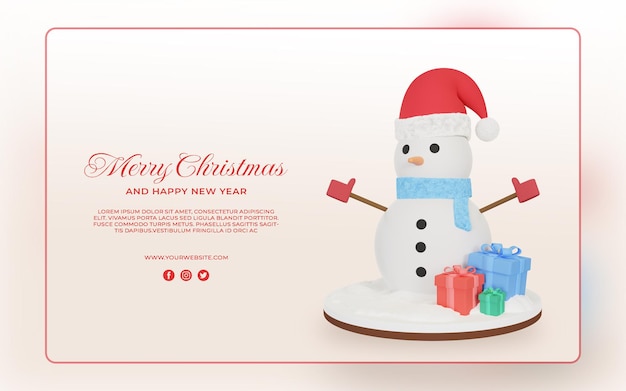 Merry christmas and happy new year postcard with 3d snowman and christmas ornaments