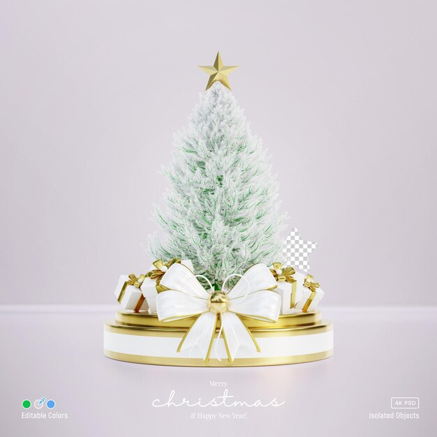 Merry christmas and happy new year scene crafted with white pine tree and bow knot 3d isolated