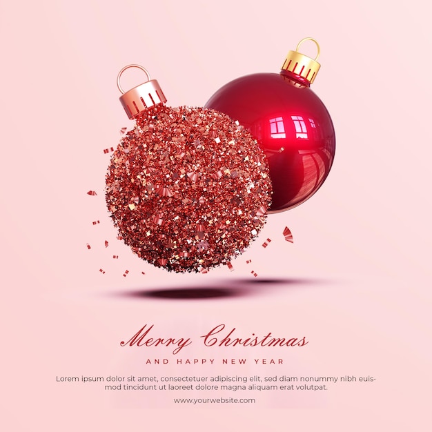 PSD merry christmas and happy new year with 3d christmas balls