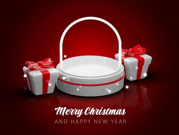 PSD merry christmas and happy new year with 3d empty podium and christmas ornaments background