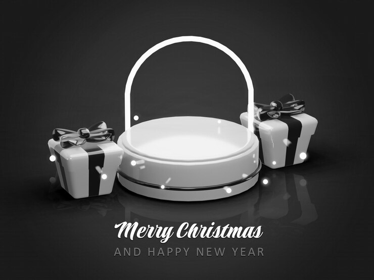 PSD merry christmas and happy new year with 3d empty podium and christmas ornaments background