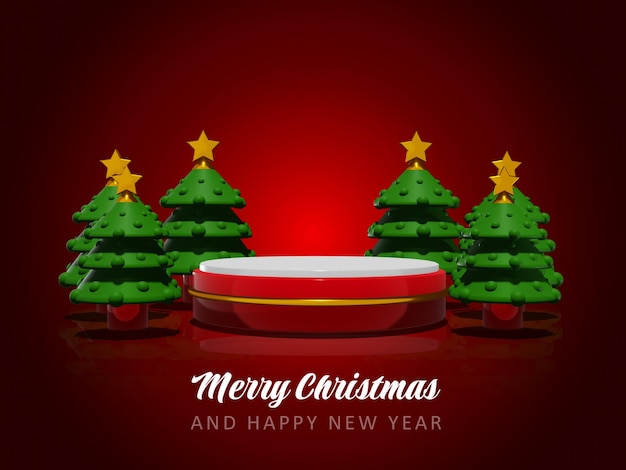 PSD merry christmas and happy new year with 3d empty podium and christmas ornaments background