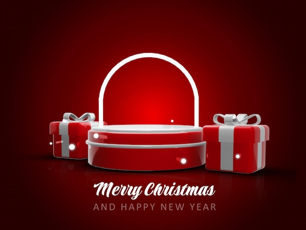 Merry christmas and happy new year with 3d empty podium and christmas ornaments background