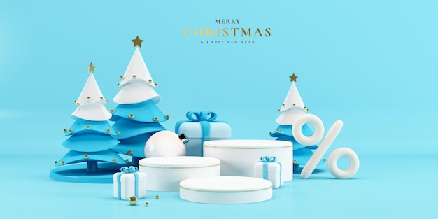 Merry christmas and happy new year with 3d empty podium and christmas ornaments