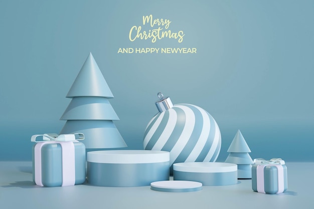 Merry christmas and happy new year with 3d empty podium and christmas ornaments