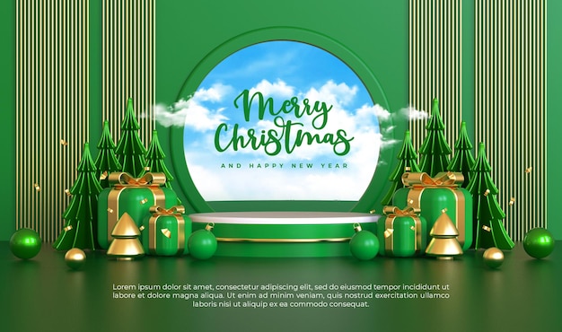 メリークリスマスと新年あけましておめでとうございます3d空の表彰台製品のディスプレイとクリスマスの装飾品