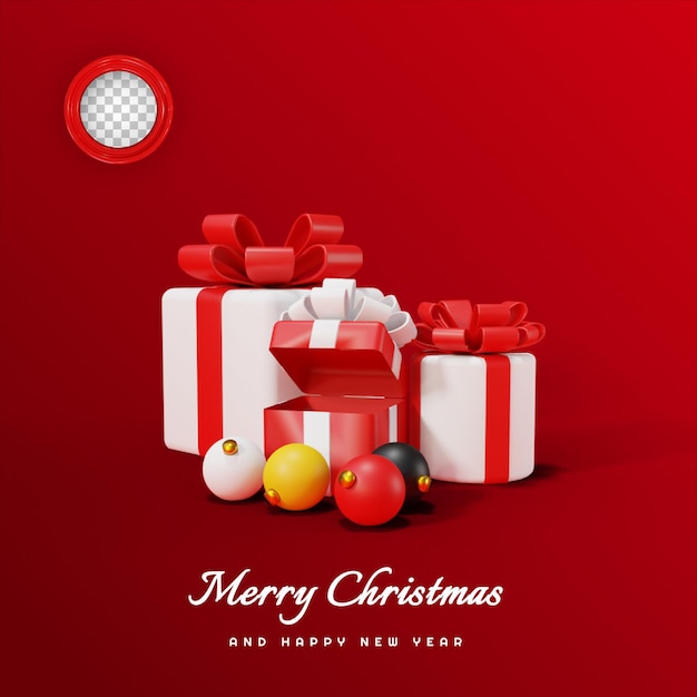 PSD merry christmas and happy new year with 3d gift boxes and lamp free psd