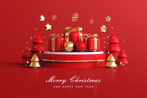 Merry christmas and happy new year with 3d gift boxes on podium and christmas ornaments