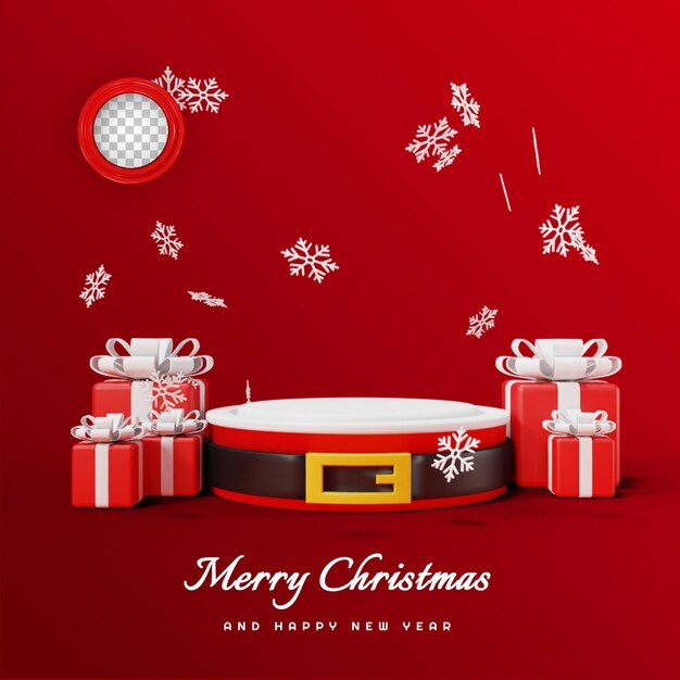 PSD merry christmas and happy new year with 3d gift boxes podium and snowflakes free psd
