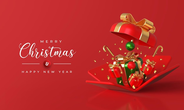 Merry christmas and happy new year with 3d open gift box and christmas ornaments