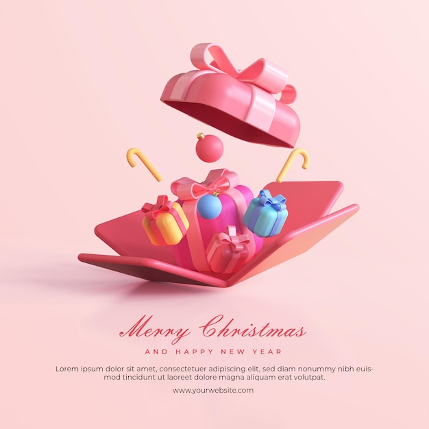 Merry christmas and happy new year with 3d open gift boxes