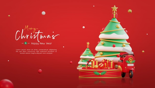 Buon natale e felice anno nuovo con confezione regalo rossa 3d e ornamenti natalizi