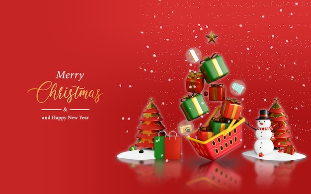 Merry christmas and happy new year with 3d shopping cart and christmas gifts