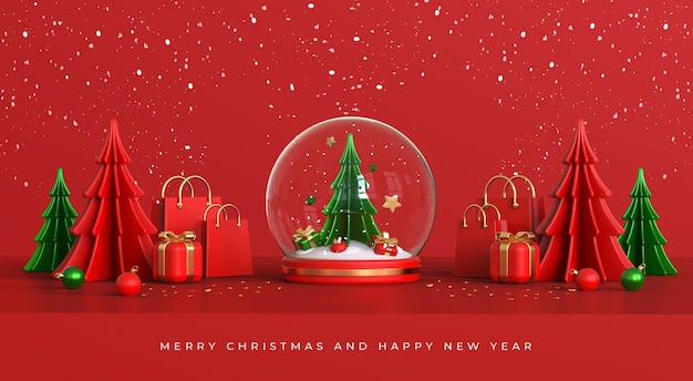 Merry christmas and happy new year with 3d snowball and christmas ornaments