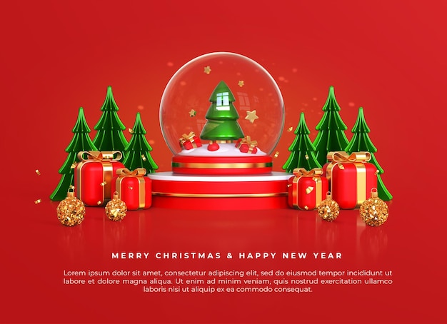 Merry christmas and happy new year with 3d snowball on podium and christmas ornaments