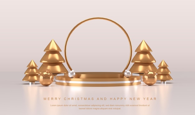 PSD merry christmas and happy new year with product stand 3d rendering