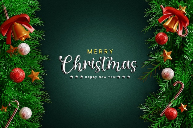 PSD merry christmas and happy new year with realistic decoration or 3d realistic merry christmas banner