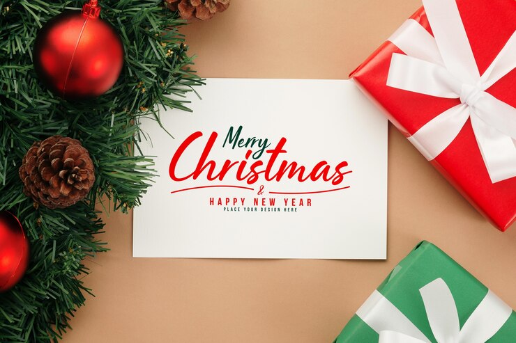 PSD メリークリスマスクラフト紙グリーティングカードモックアップ