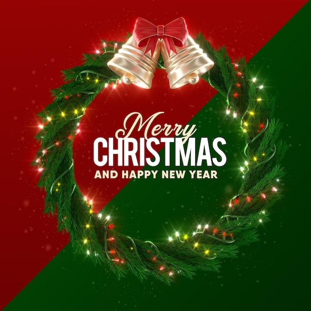 Merry christmas label in wreath format with lights and bell 3d realistic render