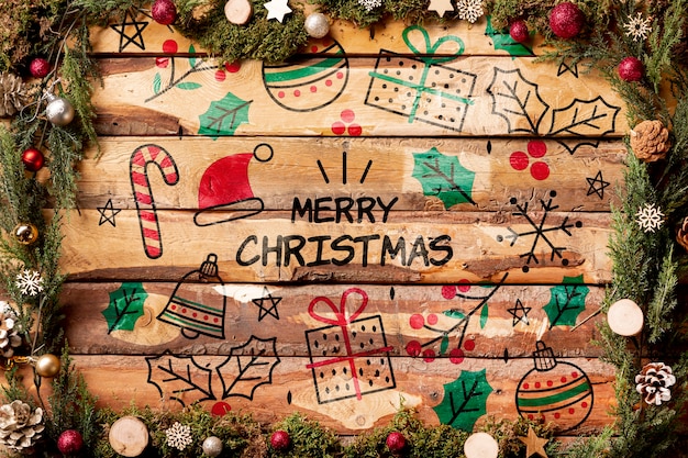 Merry christmas lettering mock-up on wooden background