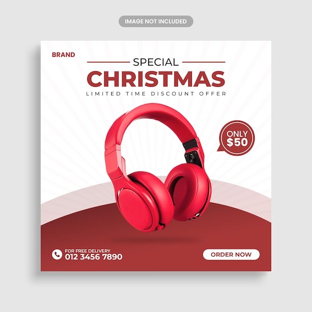 Merry christmas modern red headphone sale social media post or web banner template