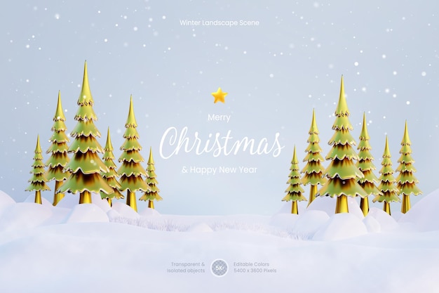 PSD merry christmas and new year background template with golden pine trees on snowy winter landscape