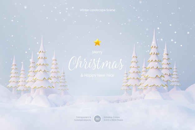 PSD merry christmas and new year background template with white pine trees on snowy winter landscape