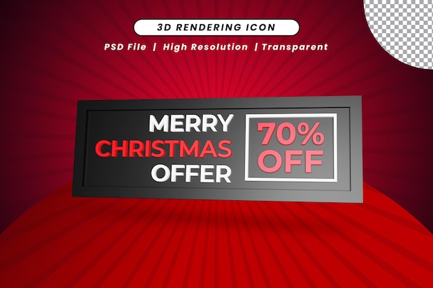 메리 크리스마스는 3d 렌더링 아이콘에서 70% 할인을 제공합니다.