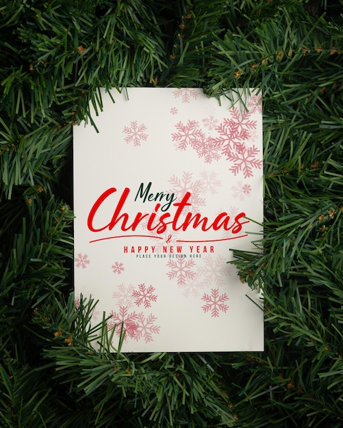 Merry Christmas paper note mockup template with pine leaves decorations.