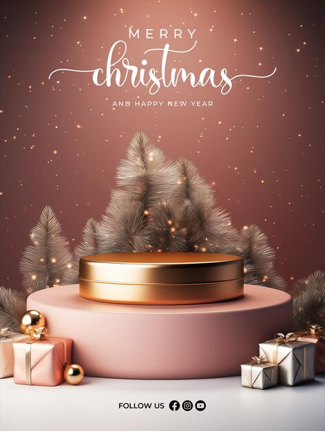 PSD merry christmas podium poster template with elegant christmas and happy new year mock up scene