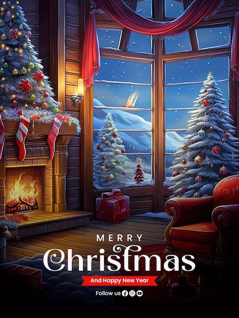 Merry christmas poster template with christmas living room decoration with christmas lights