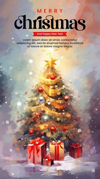 PSD merry christmas poster template with christmas tree and box gift watercolor style