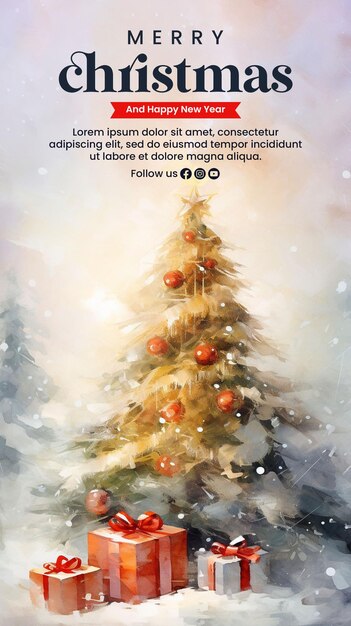 PSD merry christmas poster template with christmas tree and box gift watercolor style