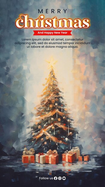 PSD merry christmas poster template with christmas tree and box gift watercolor style