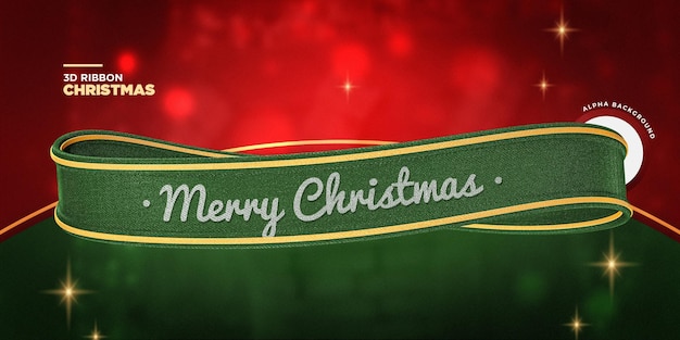 Merry Christmas Realistic Green Ribbon 3D Rendering Isolated