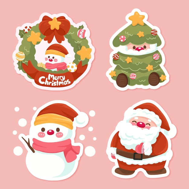Merry Christmas's elementen verzameling met sneeuwman ring boom en de kerstman gratis vector
