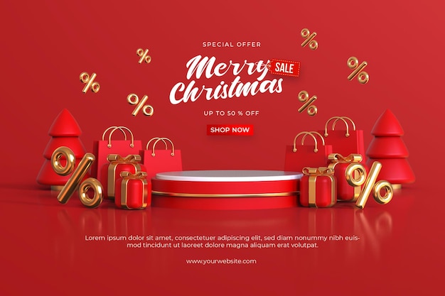 PSD merry christmas sale banner template with 3d christmas ornaments