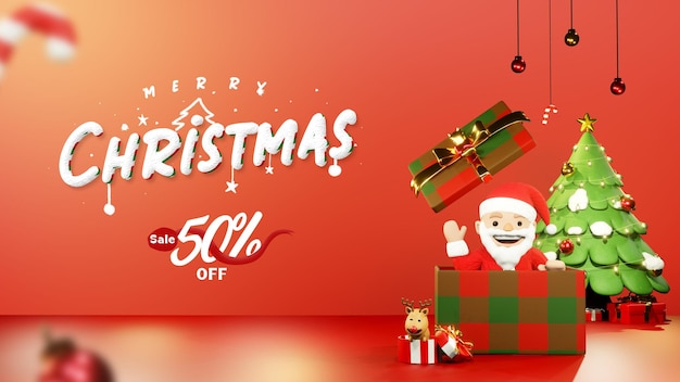 PSD merry christmas sale banner template with 3d santa claus in gift box