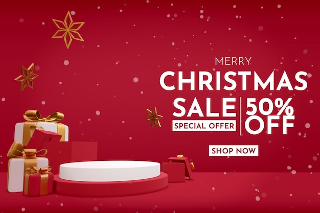 Merry christmas sale banner with realistic 3d stage