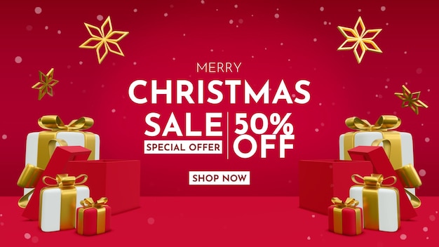 PSD merry christmas sale banner with realistic 3d stage