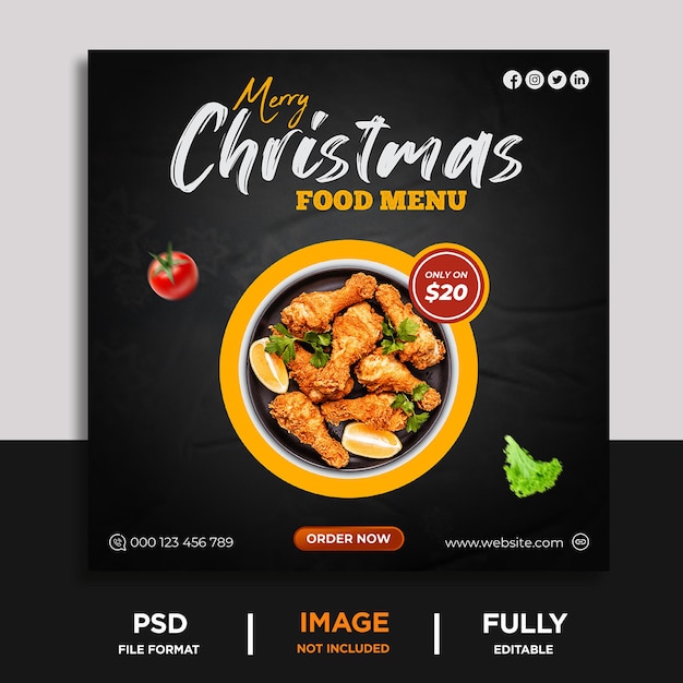 Buon natale modello di banner per social media con menu di cibo speciale e delizioso premium