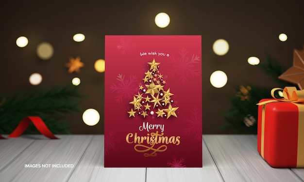 Merry Christmas wenskaart met kerstboom gemaakt door 3D gouden sterren geschenkdoos Fir Leaves op bruin Bokeh en grijze houten achtergrond