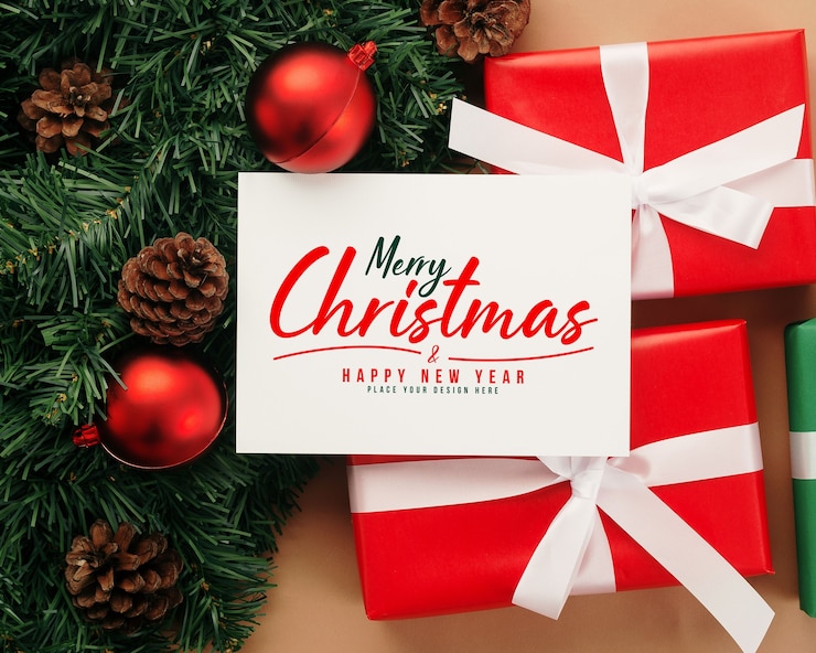 PSD merry christmas wenskaart mockup met kerstcadeaus decoraties