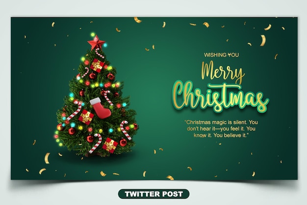 Merry christmas with a decorated christmas tree twitter post