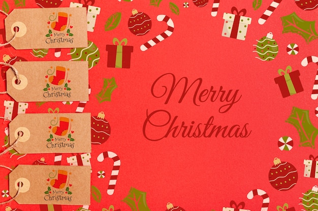 PSD merry christmas with decorations and labels