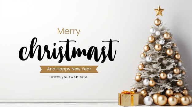 PSD merry christmast banner template with christmas tree in living room on white wall