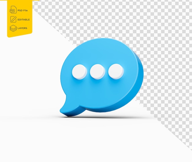 Mesajlaşma ve iletişimi simgeleyen üç beyaz noktalı 3D mavi chat simgesi, 3D illüstrasyon